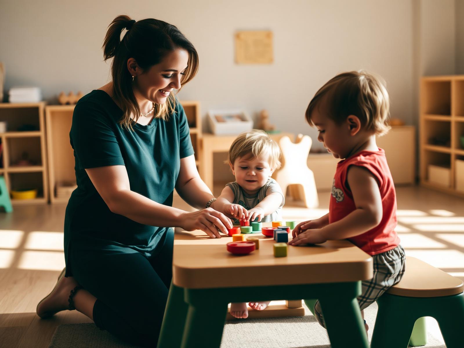 An early childhood educator playing with two children in a daycare room