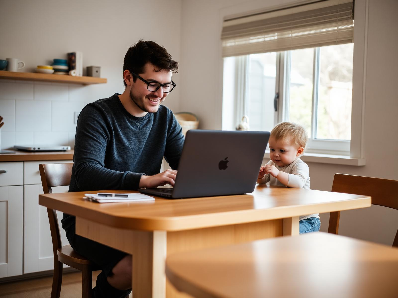 A parent working from home while their toddler plays nearby